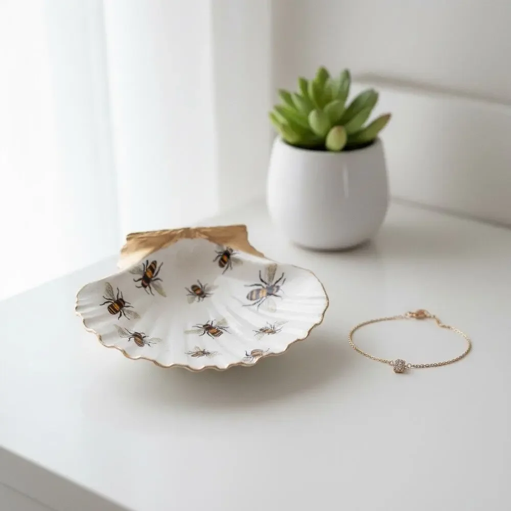 Bumble Bee Shell Trinket Dish, Cottagecore Ring Dish